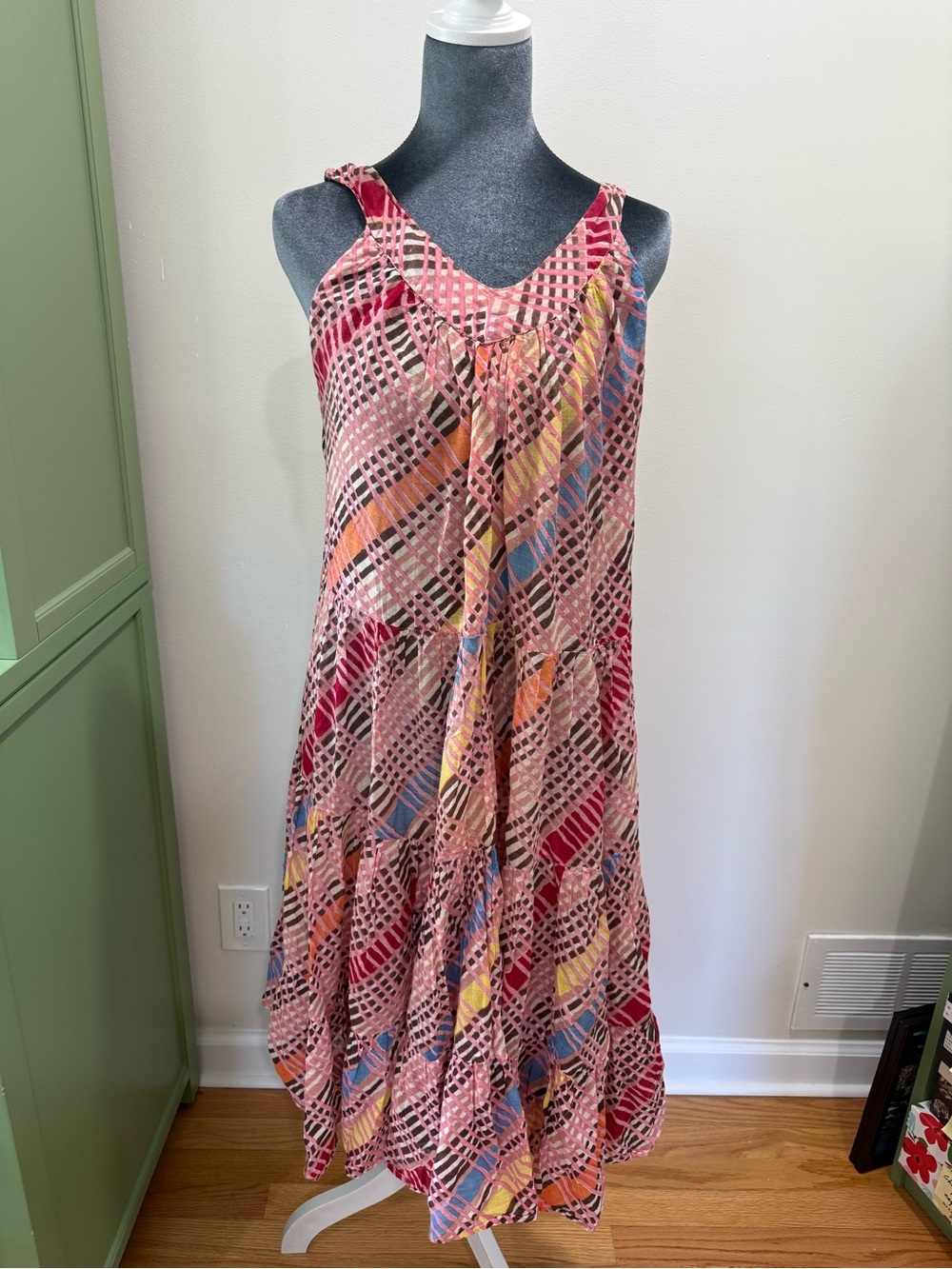 Sleeveless Pink Multi-Color Printed V-Neck Dress 100% Cotton